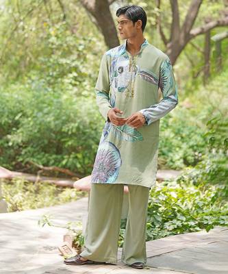 Sage green embroidered chanderi silk kurta set 1