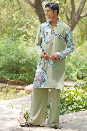 Sage green embroidered chanderi silk kurta set