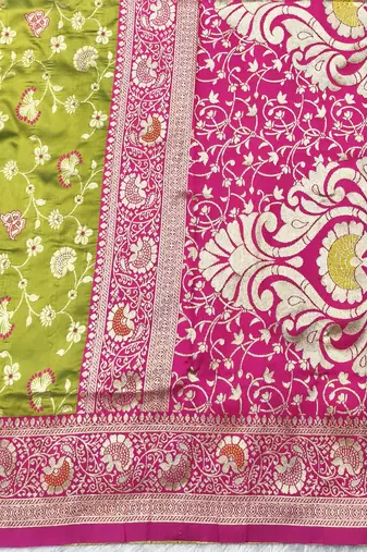 mehendi zari woven banarasi silk blend traditional saree with blouse piece
