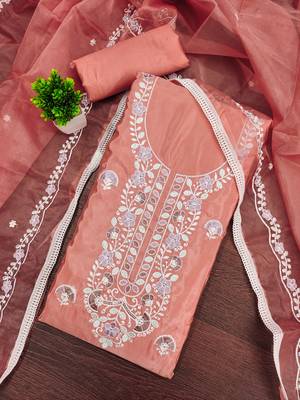 peach embroidered glaze cotton unstitched dress material  3