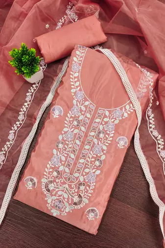 peach embroidered glaze cotton unstitched dress material 
