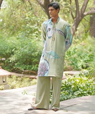 Sage green embroidered chanderi silk kurta set 2