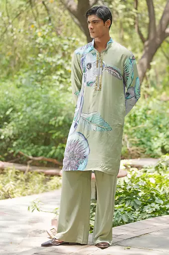 Sage green embroidered chanderi silk kurta set