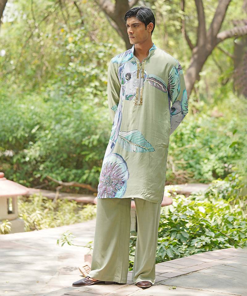 Sage green embroidered chanderi silk kurta set