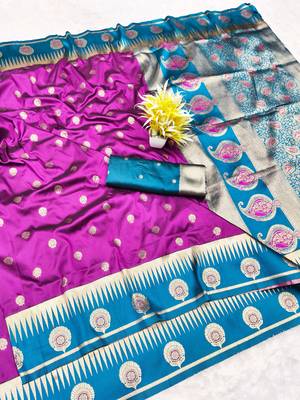 purple zari woven banarasi silk blend traditional saree with blouse piece 1