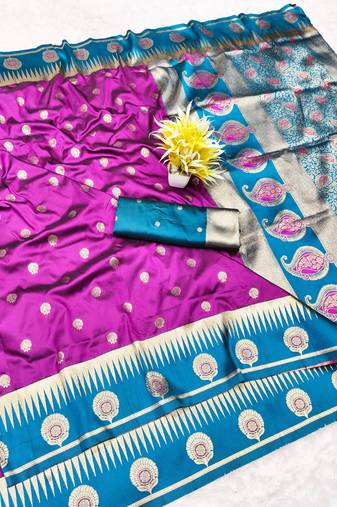 purple zari woven banarasi silk blend traditional saree with blouse piece