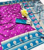 purple zari woven banarasi silk blend traditional saree with blouse piece