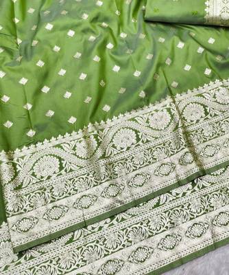 mehendi zari woven banarasi silk blend traditional saree with blouse piece 3