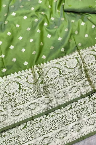 mehendi zari woven banarasi silk blend traditional saree with blouse piece