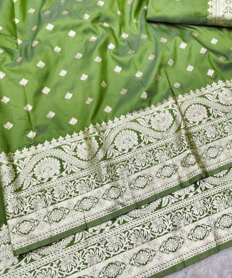 mehendi zari woven banarasi silk blend traditional saree with blouse piece