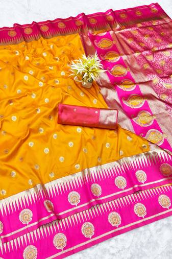 yellow zari woven banarasi silk blend traditional saree with blouse piece