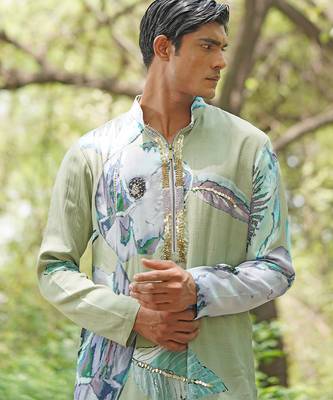 Sage green embroidered chanderi silk kurta set 3