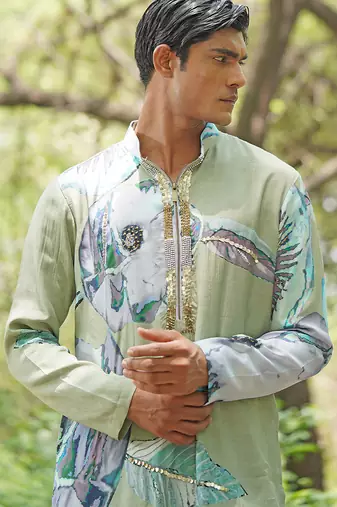 Sage green embroidered chanderi silk kurta set