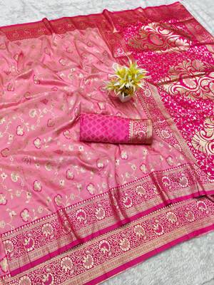 pink zari woven banarasi silk blend traditional saree with blouse piece 1