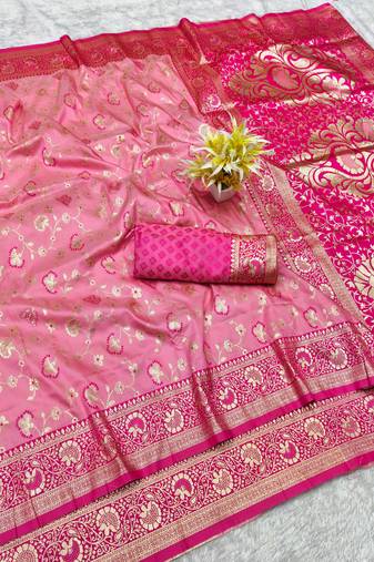 pink zari woven banarasi silk blend traditional saree with blouse piece