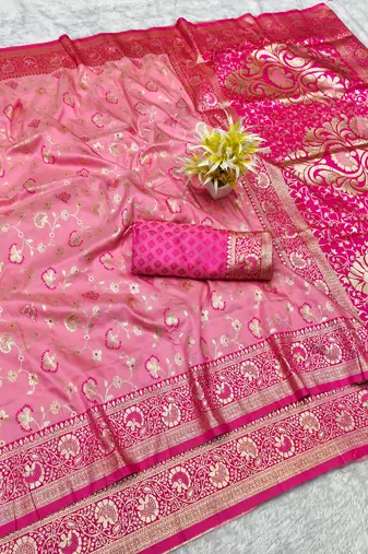 pink zari woven banarasi silk blend traditional saree with blouse piece