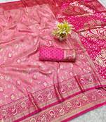 pink zari woven banarasi silk blend traditional saree with blouse piece