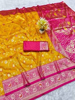 yellow zari woven banarasi silk blend traditional saree with blouse piece 1