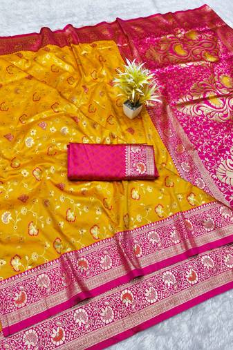 yellow zari woven banarasi silk blend traditional saree with blouse piece