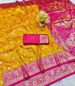 yellow zari woven banarasi silk blend traditional saree with blouse piece
