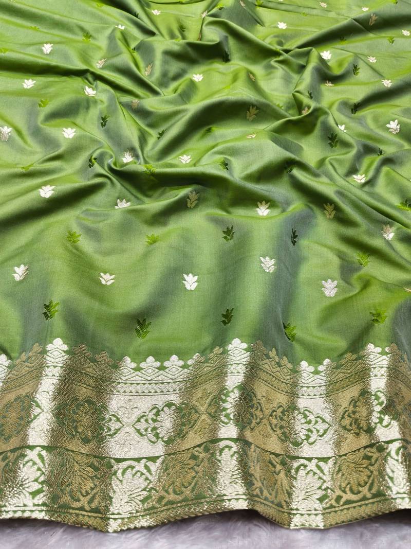 mehendi zari woven banarasi silk blend traditional saree with blouse piece