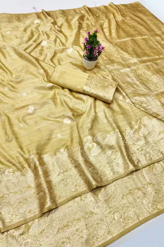 cream zari woven banarasi satin silk blend traditional saree with blouse piece