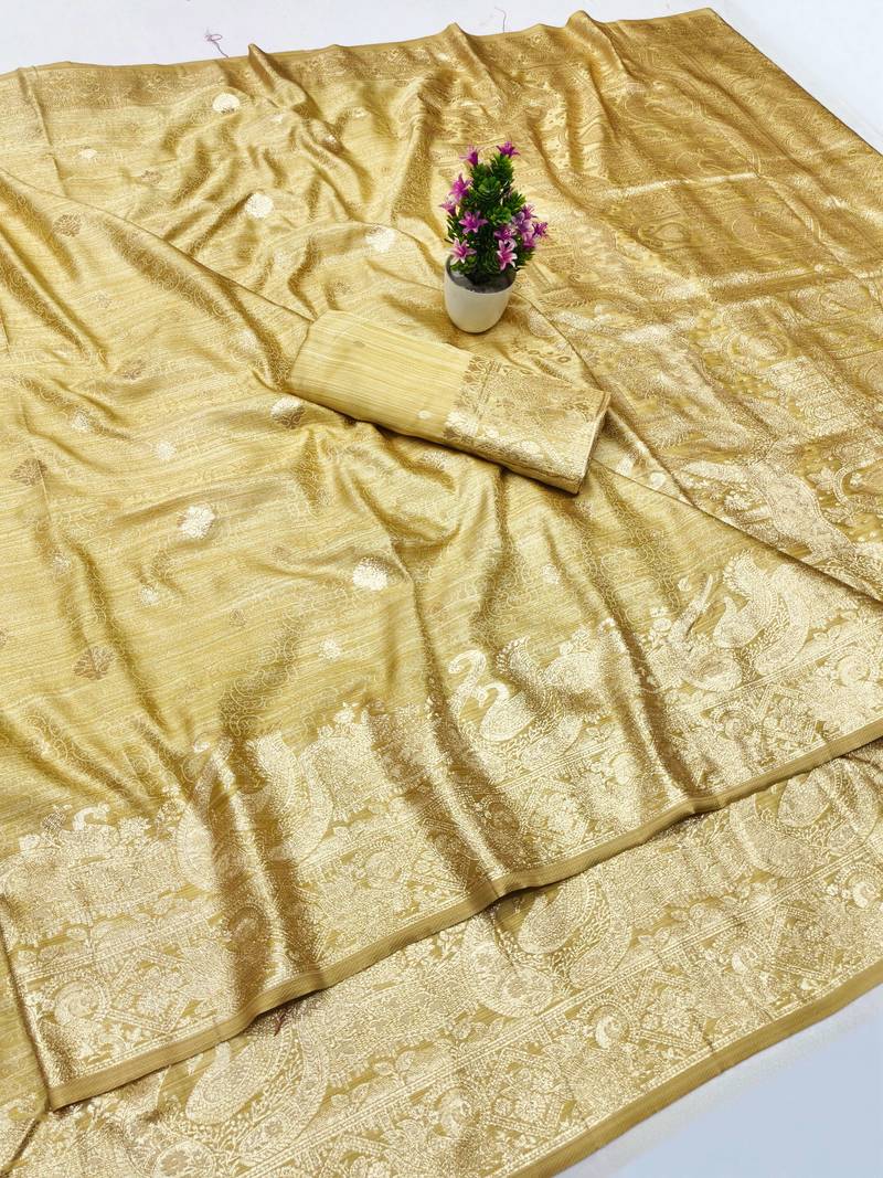 cream zari woven banarasi satin silk blend traditional saree with blouse piece