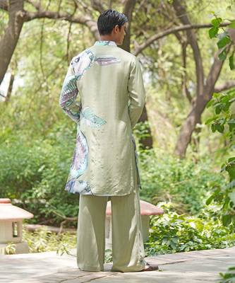 Sage green embroidered chanderi silk kurta set 4