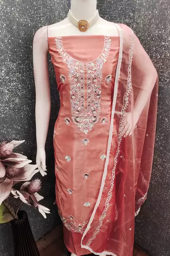 peach embroidered glaze cotton unstitched dress material 