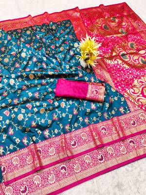 navy blue zari woven banarasi silk blend traditional saree with blouse piece 1