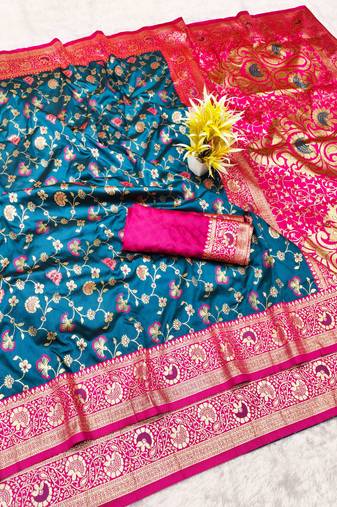 navy blue zari woven banarasi silk blend traditional saree with blouse piece