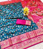navy blue zari woven banarasi silk blend traditional saree with blouse piece