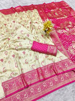 cream zari woven banarasi silk blend traditional saree with blouse piece 1