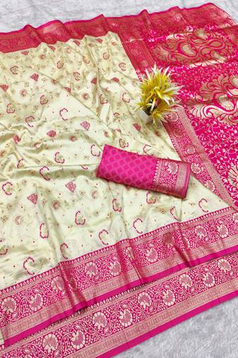 cream zari woven banarasi silk blend traditional saree with blouse piece