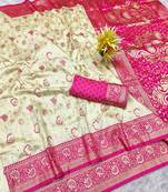 cream zari woven banarasi silk blend traditional saree with blouse piece