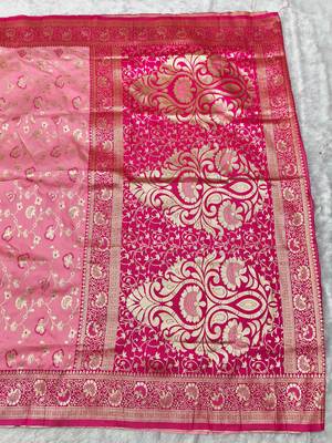 pink zari woven banarasi silk blend traditional saree with blouse piece 2