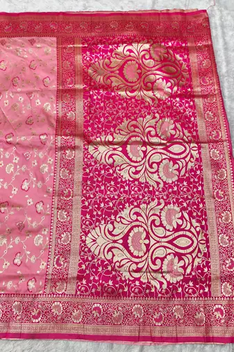 pink zari woven banarasi silk blend traditional saree with blouse piece