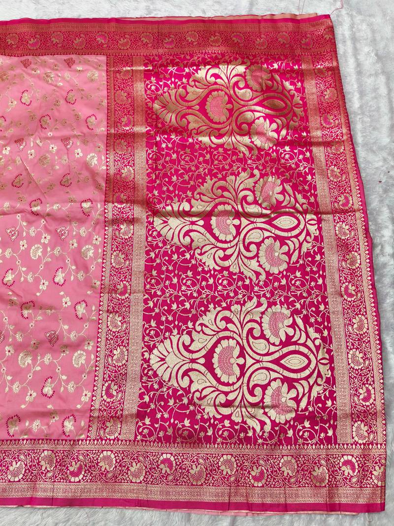 pink zari woven banarasi silk blend traditional saree with blouse piece