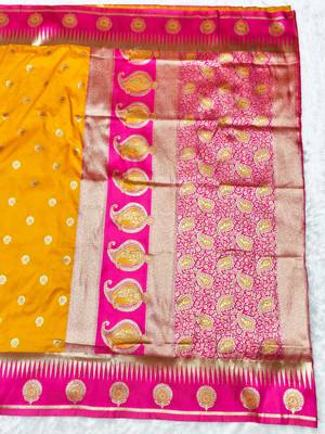 yellow zari woven banarasi silk blend traditional saree with blouse piece 2