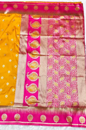 yellow zari woven banarasi silk blend traditional saree with blouse piece