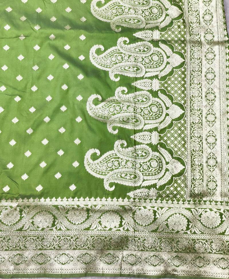 mehendi zari woven banarasi silk blend traditional saree with blouse piece