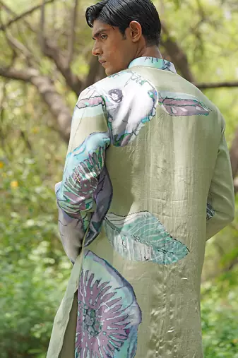 Sage green embroidered chanderi silk kurta set