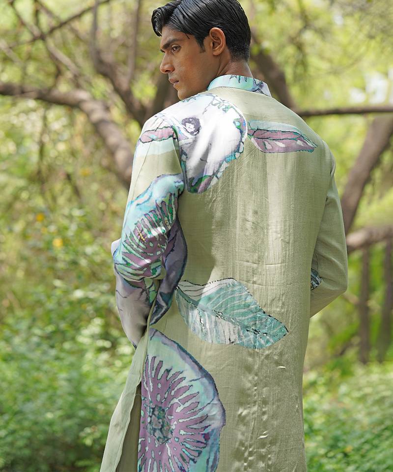 Sage green embroidered chanderi silk kurta set