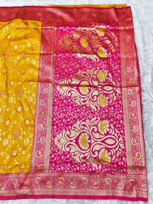 yellow zari woven banarasi silk blend traditional saree with blouse piece 2