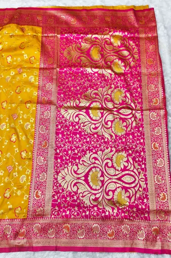 yellow zari woven banarasi silk blend traditional saree with blouse piece