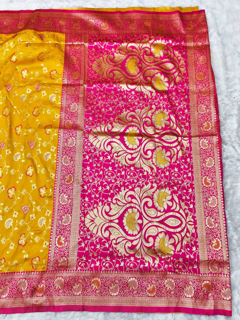 yellow zari woven banarasi silk blend traditional saree with blouse piece
