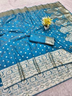 navy blue zari woven banarasi silk blend traditional saree with blouse piece 1