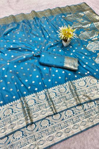 navy blue zari woven banarasi silk blend traditional saree with blouse piece