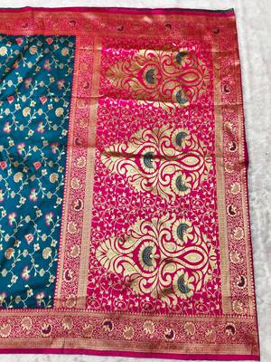 navy blue zari woven banarasi silk blend traditional saree with blouse piece 2