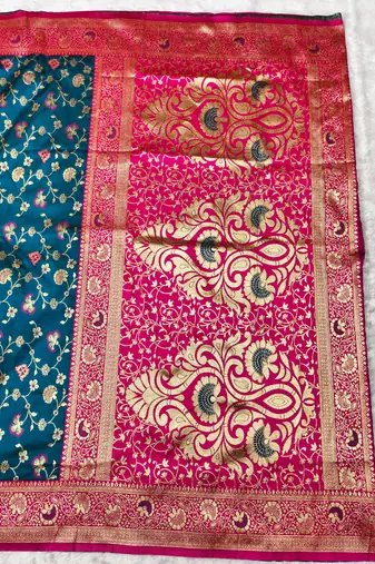 navy blue zari woven banarasi silk blend traditional saree with blouse piece